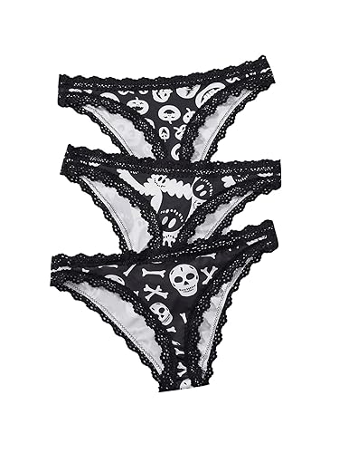 WDIRARA Women's 3 Pack Halloween Briefs Lace Hipster Panties Low Rise Gothic Underwear - Small - Black and White