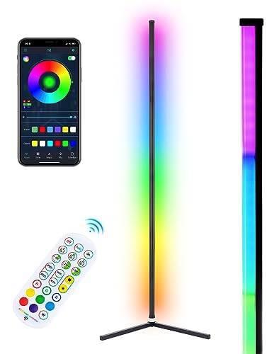WISIMMALL RGB Corner Floor Lamp, Bluetooth APP and Remote Control Music Sync LED Modern Floor Lamp for Living Room, Light Timing, 398 Dimmable Modes, 64.5" RGB Color Changing Mood Lighting - 1PC