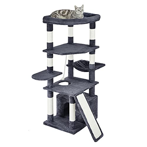 Pesofer 55.9 Inches Cat Tree Multi Level Cat Tower with Sisal-Covered Scratching Posts, Kitty Playhouse and Large Top Perch Dark Gray - Drak Gray