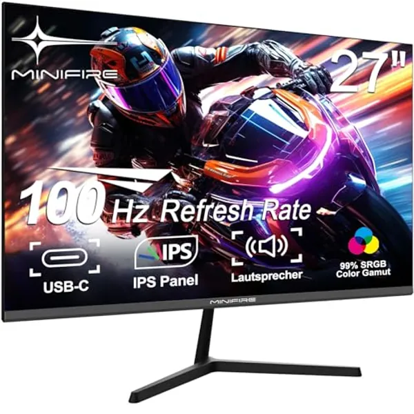 Minifire-Caixun 27 Zoll Gaming Monitor, IPS, 100Hz, USB Tpye-C FHD Monitor, mit eingebautem Lautsprecher, sRGB110%, 300 Nits, Adaptive-Sync PC Bildschirm ，HDMI DP USB-C Anschlüsse
