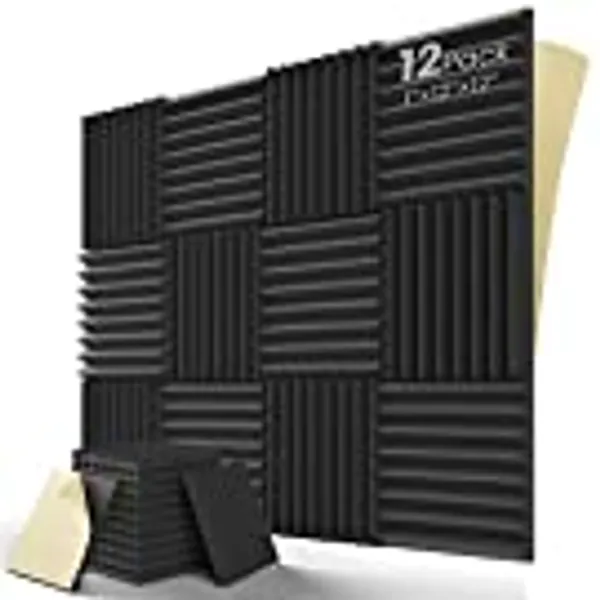 LEIYER Upgrade 12 pack Acoustic Panels With Self-Adhesive, 1" X 12" X 12" Quick-Recovery Sound Proof Foam Panels, Acoustic Foam Wedges High Density (12pcs, Black)