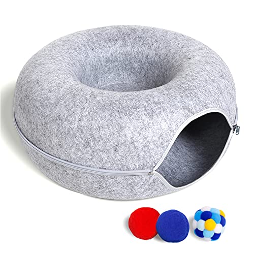 Cat Tunnel Bed for Indoor Cats with 3 Toys, Scratch Resistant Donut Cat Bed, Up to 9 Lbs (M 20x20x9, Light Grey) - M(20x20x9) - Light Grey