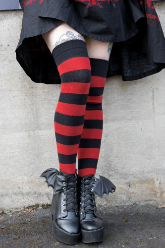 Extraordinary Striped Thigh High Socks | Black/Red