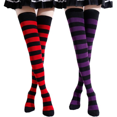 Kayhoma Extra Long Cotton Stripe Thigh High Socks Over the Knee High Socks - Medium - Red/Black & Purple/Black
