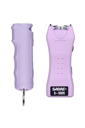 SABRE Pepper Spray & 2-in-1 Stun Gun with Flashlight, Self Defense Kit, Fast Flip Top Safety, Finger Grip for Better & Faster Aim, Painful 1.60 µC Charge, 120 Lumen LED Light, Rechargeable, 0.54 fl oz - Lavender