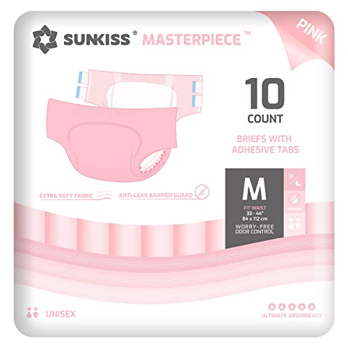 SUNKISS Masterpiece Adult Diapers with Ultimate Absorbency, Unisex Disposable Incontinence Briefs with Tabs for Women and Men, Odor Control, Overnight Protection, Pink, Medium, 10 Count - Medium - Pink (Pack of 10)