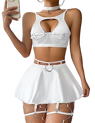 Melelly Lingerie for Women Chemise Babydoll Garter Skirt Lingerie Set S-XL - X-Large - White