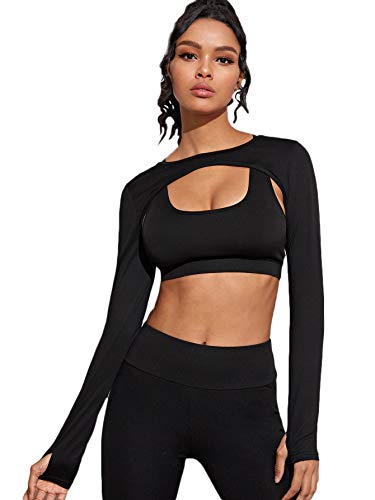 SweatyRocks Women's Stretch Cutout Yoga Sports Tee Long Sleeve Crop Top T Shirts - X-Large - Black