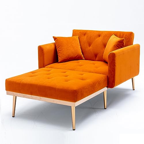 40.94'' Wide Modern Accent Chair with 3 Angles Adjustable Backrest+2-Pillow, Tufted Upholstered Chaise Lounge Chair, Recliner Armchair & Ottoman Set for Living Room, Bedroom (Velvet Orange-2) - Velvet Orange-2