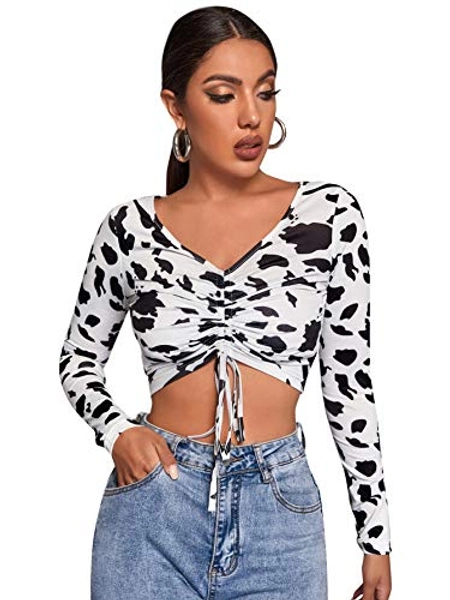 Verdusa Women's Ruched Drawstring Front Cow Print V Neck Crop Tee Top