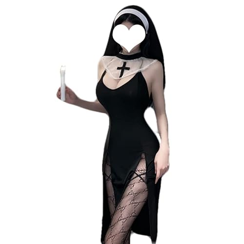 JasmyGirls Cosplay Lingerie Sexy Nun Costume Naughty Anime Devil Roleplay Maid Outfit Halloween Goth High Slit Dress Up - Black Sheer Dress - X-Small - Medium