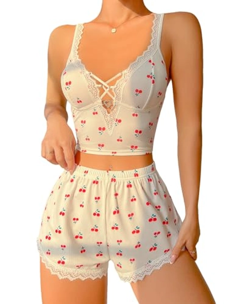 SHENHE Women's Cherry Print Cute Lace Trim Crop Cami and Shorts Ribbed Pajama Set