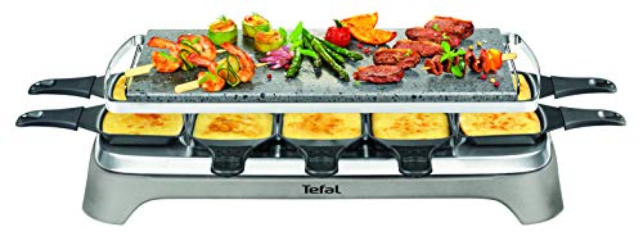 Tefal PR457B Pierrade Raclette | 1350 Watt | Grill-Platte aus Stein + 10 antihaftbeschichtete Pfännchen | inkl. Schaber | abnehmbares Kabel | Grau