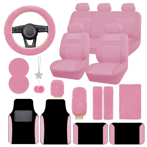 JINGSEN Car Seat Cover Full Set for Women with Waterproof Floor Mats,3D Air Mesh Car Seat Cover with 5mm Composite Sponge Inside,Universal Fluffy Steering Wheel Cover, Accessories Full SUV(Pink) - Pink