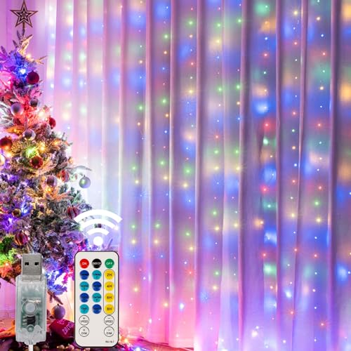 HOME LIGHTING Window Curtain String Lights, 300 LED 8 Lighting Modes Fairy Copper Light with Remote, USB Powered Waterproof for Christmas Bedroom Party Wedding Home Garden Wall Decorations, Multicolor - Multicolor