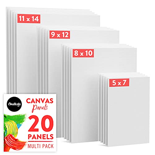 Chalkola Paint Canvases for Painting Multipack - 20 Pack Blank Canvas Panels - 5x7, 8x10, 9x12, 11x14 inch (5 Each) - 100% Cotton, Primed, Acid Free Art Canvas Boards for Painting with Acrylic & Oil - Variety - 20 - 5x7, 8x10, 9x12, 11x14