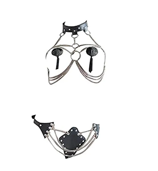 Liangliang Christmas Women's Faux Leather Harness Punk Gothic Metal Chain Tassel Body Caged Lock Apparel Accessories Harness