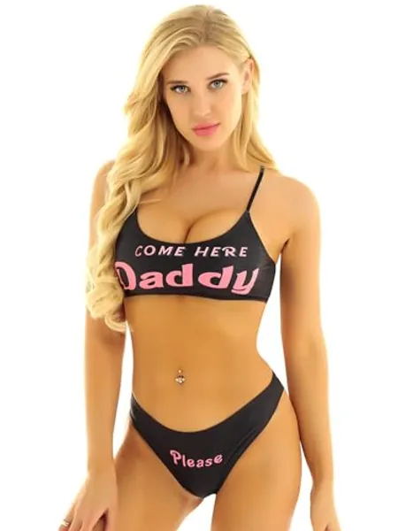 YOOJIA Womens Daddy Letter Printed Bikini Sets Push-Up Padded Bra Lingerie Sets Bathing Swimsuit Beachwear