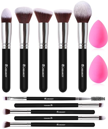 BEAKEY 12Pcs Makeup Brush Set Premium Synthetic Foundation Face Powder Blush Eyeshadow Kabuki Brush Kit, Professional Makeup Brushes with 2pcs Makeup Sponge (Black/Silver) - Black/Silver