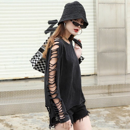 Black Distressed Washed Long Sleeve Top'