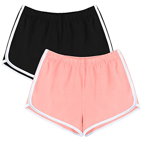 URATOT Women's Cotton Shorts Gym Shorts Yoga Shorts Summer Running Active Shorts Dance Elastic Shorts, Pack of 2 - Medium - Black, Pink