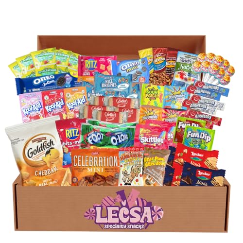 Snack Care Package - 60 Pcs Variety Pack of Treats for Kids and Adults - Snack Box with Cookies, Fun Size Candy, Drink Mix, Peanuts, Pickles, Chips, Noodles, Rice Crispies, Popcorn and More – Gift Basket of Delicious Sweets (Products may vary due to availability - 60 Count)