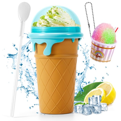Slushy Cup Slushie Maker Machine for Home Kids,Tiktok Portable Quick Frozen Smoothies Squeeze Cooling Cup with Cup Brush Straw and Spoon(500ml Brown) - brown