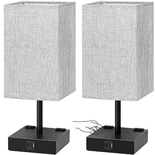 Touch Control Table Lamps Set of 2 - Nightstand Lamp for Bedroom with USB C+A Charging Ports & AC Outlets, 3-Way Dimmable Bedside Lamp Grey Fabric Shade for Bedroom Living Room, Office(Bulb Included) - Gray