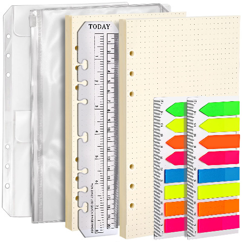 LEOBRO Refillable A5 Notebook Set, 2 Pack A5 Dotted Filler Paper, 320 Pcs Index Tabs, with Binder Pocket, 3-Pocket Loose-Leaf Bags, Ruler Marker, Paper Refill for 6-Ring A5 Binders Planner Notebook