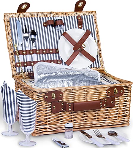 SatisInside Picnic Basket for 2 Wicker Picnic Set with Insulated Liner for Camping,Wedding,Valentine Day,Gift - Reinforced Handle, Grey Stripes - Grey Stripes for 2