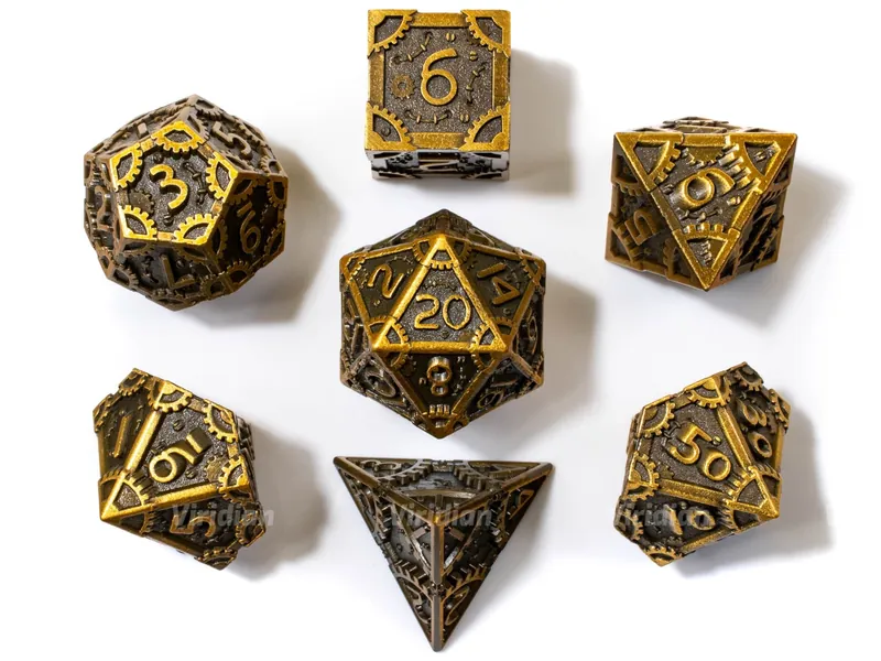 Golden Machine | Steampunk Clockwork Gear Design Metal Dice Set (7) | Dungeons and Dragons (DnD)