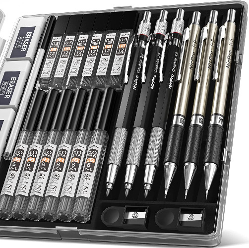 Nicpro 6PCS Art Mechanical Pencils Set, 3 PCS Metal Drafting Pencil 0.5 mm & 0.7 mm & 0.9 mm & 3 PCS 2mm Graphite Lead Holder (2B HB 2H) For Writing, Sketching Drawing With 12 Tube Lead Refills Case - Silver