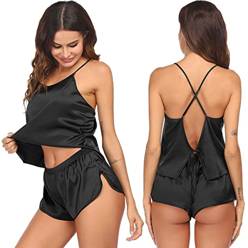 Ekouaer Silk Pajamas Set for Women Satin Backless Lingerie Pjs Cami Top and Shorts Nightwear - A-black - Small