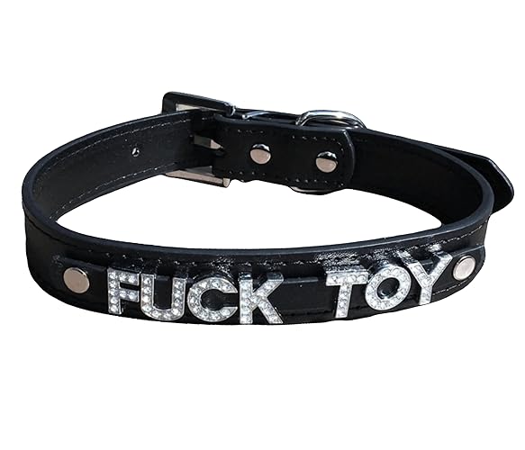 Plug Emporium Black Vegan PU Leather Bondage Type BDSM Choker Collar Rhinestone Assorted Styles - FUCK TOY - Small 12"-15"
