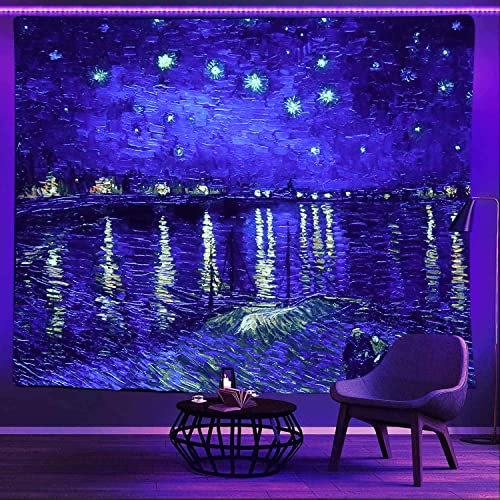 Blacklight Classical Tapestry UV Reactive Art Tapestry Starry Nigth Tapestry Black Light Poster Van Gogh Tapestry for Bedroom Aesthetic Tapestry Glow in The Dark Tapestries Home Decor 90"x70" - 90 x 70 Inches - Starry Night over The Rhone