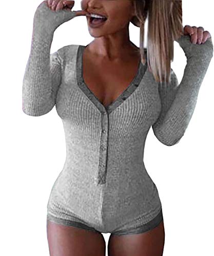 Roselux Women's Sexy Deep V Neck Shorts Long Sleeve Knitted One Piece Bodysuit Sexy Pajama Onesie Bodycon Rompers Overall - Small - B-long Sleeve-gray&dark Gray