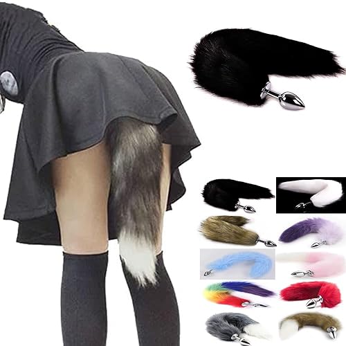 Ooiixx Butt Plug Fox Tail Cosplay Anal Plug Anal Butt Plug Adult Sex Toys for Beginner Women Men Couple (18" Black-1) - 18"Black-1