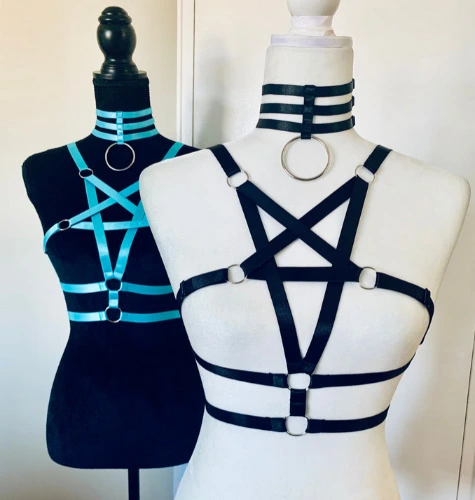 NEW satin pentagram cage bra harness + choker
