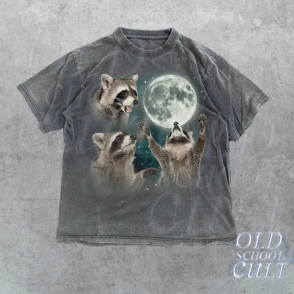 Three Raccoons Vintage Graphic T-shirts, Retro Raccoon Moon Tshirt, Raccoon Lovers, Funny Raccon Tee, Oversized Washed Tee, Raccoon Gifts