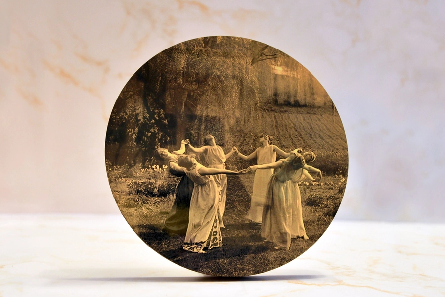 Circle of Witches Dancing Wooden Wall Plaque Circle 8x8 - Handmade Vintage Witchcraft Photography Wall Art Décor