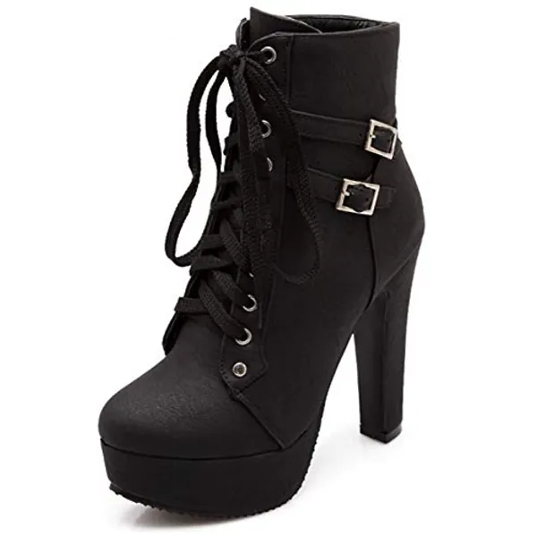 Susanny High Heel Boots for Women,Womens Platform Boot Heels Sexy Round Toe Lace UP High Heels Mid Calf Boots