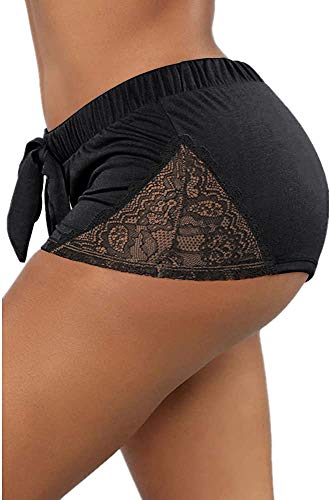 Women Gym Workout Booty Running Sports Yoga Shorts Athletic Exercise Training Lace Hollow Out Hot Pants - Black - X-Large