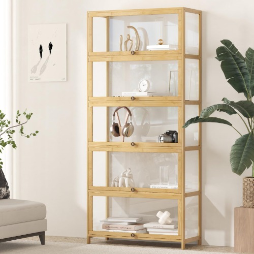 Oikiture Display Cabinet with 5-Tier Shelves Storage Cabinet Diplay Shelves Oak - 580-Wooden