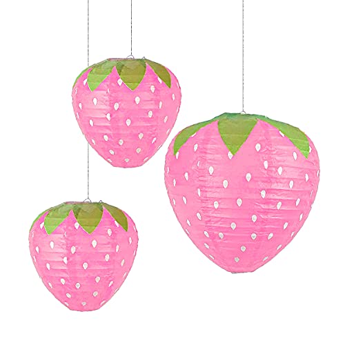 3Pcs Pink Strawberry Party Lantern Decorations Fruit Themed Party Decor Strawberry Birthday Baby Shower Decorations for Girl Hungry Caterpillar Party Supplies Hanging Ornaments