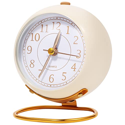 Desk Alarm Clocks, Bedroom Battery Powered Round Clock,Super Silent Non Ticking, Analog Alarm Clocks with Night Light, Metallic Lacquer Frame, HD Glass Mirror, Suitable for Home Bedroom Decor - White - White