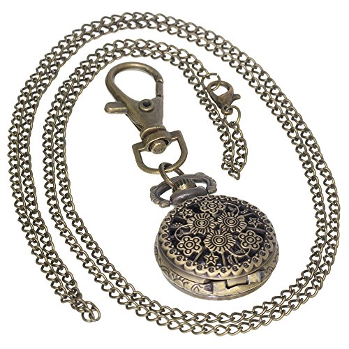 Bronze Vintage Brass Antique Case Pocket Watch Fob Watch for Men Women with 1 PC Necklace Chain 1 PC Key Clip - Hollow Flower