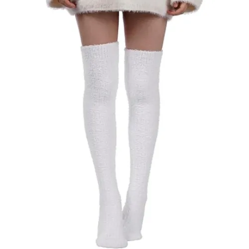 Womens Thigh High Socks, Long Soft Leg Warmers, Fuzzy Over Knee High Stockings, Plush Socks - Overknee - White