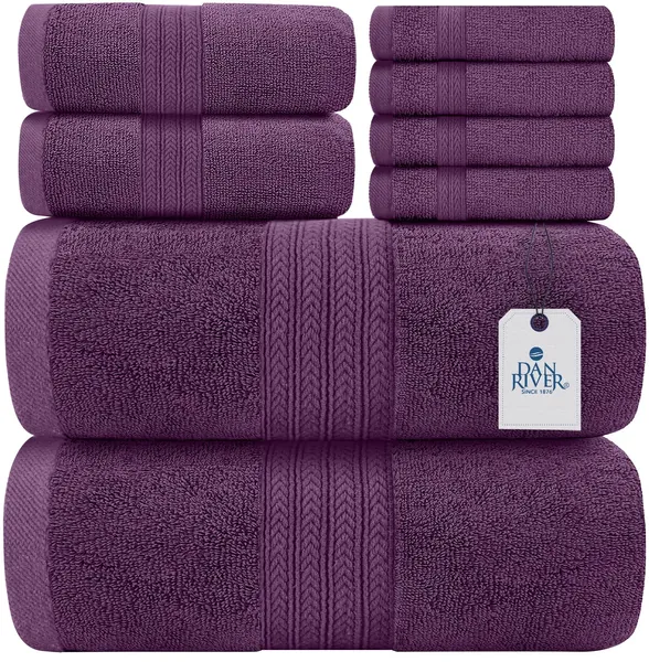 DAN RIVER 100% Cotton Bathroom Towel Set|2 Oversized Bath Towels 30x52| 2 Hand Towels 16x28| 4 Wash Cloths 12x12| Ideal for Home Hotel and Spa| Ultra Soft|Absorbent| Purple Towel Set|600 GSM| 8 Pc