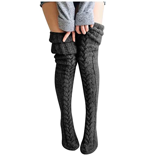 Kolylong® Overknee Socken Damen Warme Socken Wintersocken Grobstrick Stricksocken Damen Kniestrümpfe Socken Overknee Strümpfe Strumpfhosen Winter Strümpfe Stricken Kuschelsocken - Einheitsgröße - B Dunkelgrau