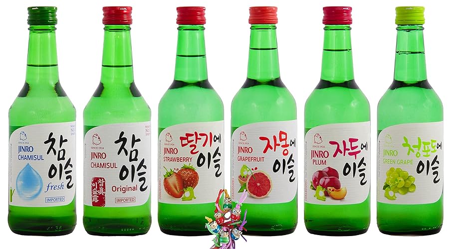6er Set HITEJINRO Soju Jinro Chamisul Selection mit 6 verschiedenen Sorten + ein kleines Glückspüppchen - Holzpüppchen